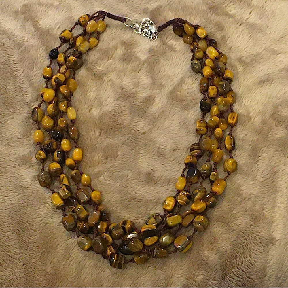 VINTAGE Faceted Tigers Eye Sterling Silver Four Strand Necklace